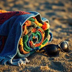 A colorful beach towel is laying on the sand next to a pair of sunglasses