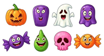 Fototapeta premium Cartoon halloween characters including pumpkin ghost tombstone skull and assorted candy illustrations
