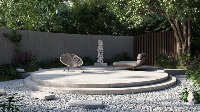 Serene Outdoor Amphitheater with relaxing chair and sofa. Open area in a peaceful landscape