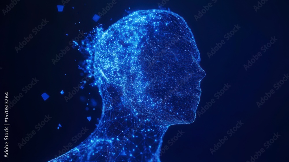 Poster abstract digital human head profile, glowing blue particles forming a wireframe structure against a 