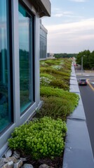 Modern architecture with lush green living roof edge and urban vegetation.