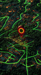 Huge check in icon hovering on top of miniature forest and residences. Concept of game, app, wallpaper
