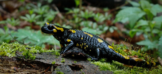 A fire salamander with striking yellow markings crawling along a mossy log in the damp forest of the Csordó Valley.