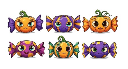 Fototapeta premium Illustration of six halloween themed candies with different expressions on a white background