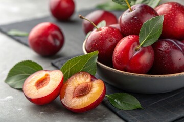 Fresh ripe plums overflowing from a ceramic bowl present vibrant colors and tempting juice-filled halves with dark slate background.