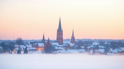 Fototapeta premium Panoramic view of a winter village covered in snow.