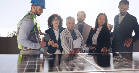 Planning, solar panel and engineer with business people outdoor for photovoltaic, property and...