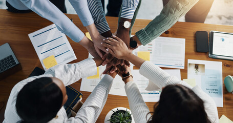 Stack of hands, support and business people in office for unity, solidarity and collaboration. Team building, top view and group of corporate employees with partnership, goal or trust in workplace.