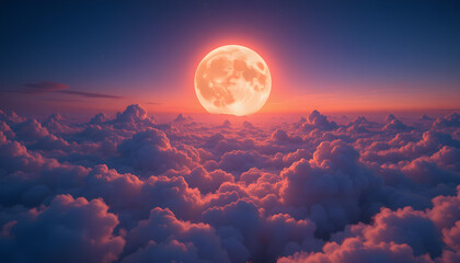 Magical Full Moon Rising Over a Sea of Pink and Blue Clouds at Twilight with a Dreamy Sky and Starry Atmosphere