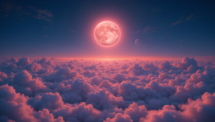 Magical Full Moon Rising Over a Sea of Pink and Blue Clouds at Twilight with a Dreamy Sky and Starry Atmosphere