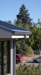 Modern architecture with standing seam roof and gutter connection design.