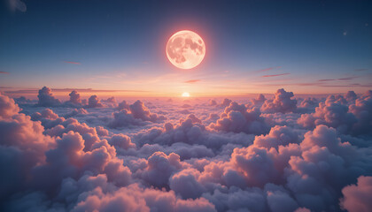 Magical Full Moon Rising Over a Sea of Pink and Blue Clouds at Twilight with a Dreamy Sky and Starry Atmosphere