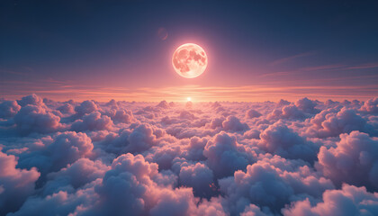 Magical Full Moon Rising Over a Sea of Pink and Blue Clouds at Twilight with a Dreamy Sky and Starry Atmosphere