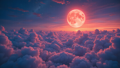 Magical Full Moon Rising Over a Sea of Pink and Blue Clouds at Twilight with a Dreamy Sky and Starry Atmosphere