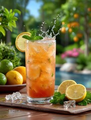 Fototapeta premium Refreshing iced drink in garden setting