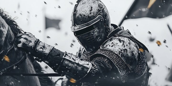 Medieval warrior astride warhorse in action with armor on the battlefield scene