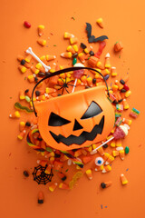 Halloween-themed vertical image featuring an orange pumpkin bucket surrounded by candy and...