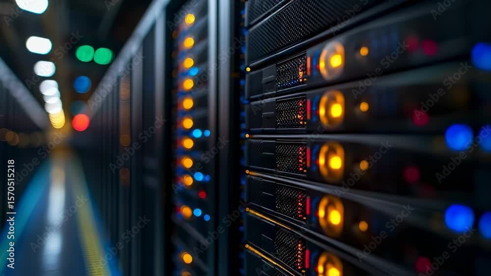 Poster data center servers in a row with lights and technology backdrop