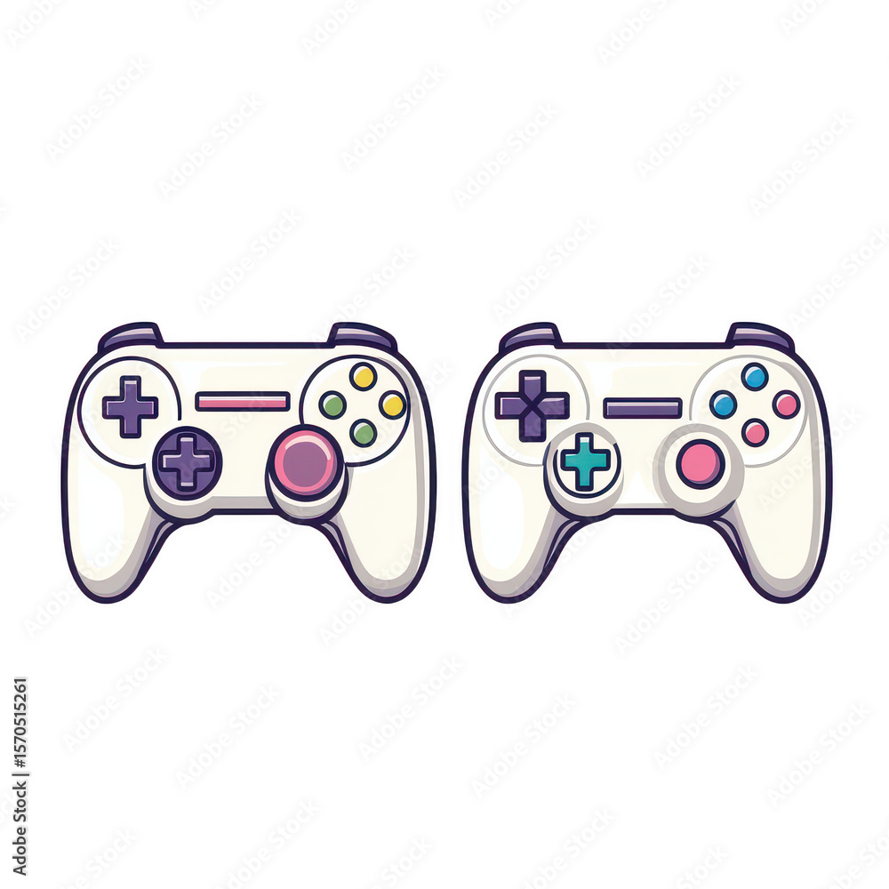 Aufkleber two retro style game controllers with colorful buttons and directional pads isolated on transparent 