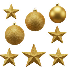 Isolated Golden Ornaments Stars Christmas Decorations on Transparent