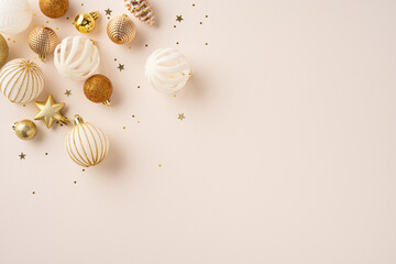Golden and white holiday ornaments and stars scattered creatively, representing festive...