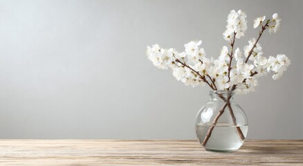 White blossoms in clear vase on wooden table