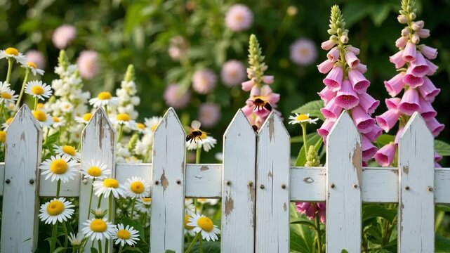 Experience the charm of quaint cottage gardens in the Cotswolds, England, with white picket fences, blooming foxgloves, daisies, and buzzing bees in stunning 4k.