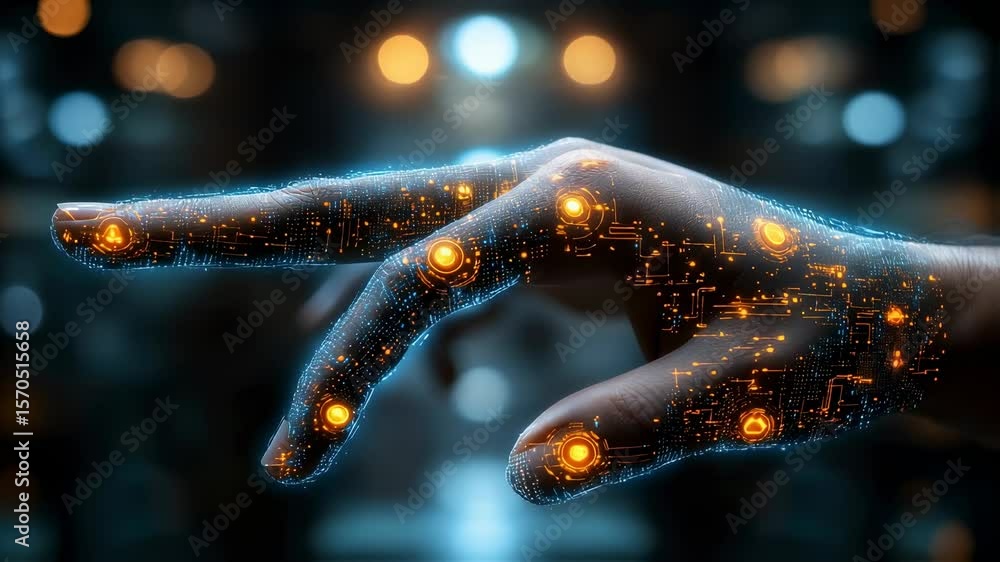Poster digital hand: futuristic technology representation with circuitry and light