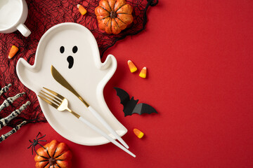 Ghost shaped plate styled with festive Halloween tableware, candy corn, pumpkins, and bat decor
