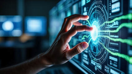 hand pushing a touch screen interface