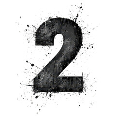 Textured number two with splatter effect and outline isolated on transparent background
