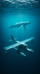Obraz premium Submerged Serenity A Humpback Whale and Seaplane Encounter