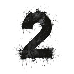 Dark textured number two with splatter effect and dripping detail isolated on transparent background