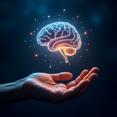 human brain on hand artificial intelligence, innovation and machine learning technologies concept image/ Human holding futuristic glowing brain innovation concept. generative ai