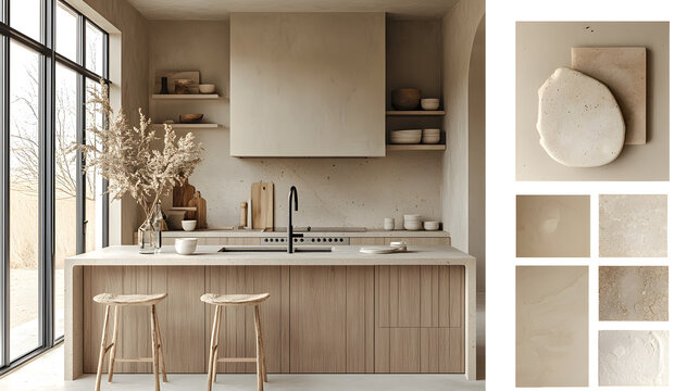 a material mood board for kitchen, neutral colors