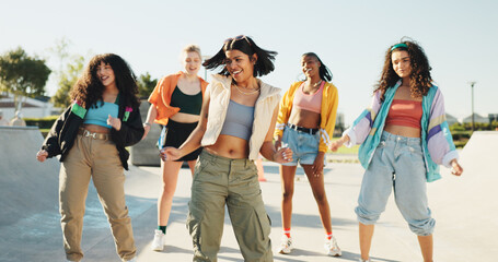 Happy, dancing and girl friends in city with music for hip hop, fashion or talent with freestyle....