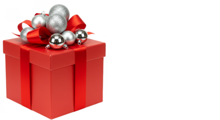 Isolated Red Gift Box with Silver Baubles on Transparent Background