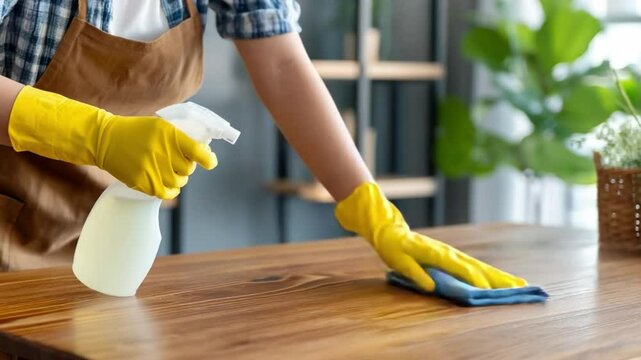 Clean Sweep: Person meticulously cleans and disinfects a wooden surface, donning yellow rubber gloves, spray bottle. Capturing hygiene and cleanliness.