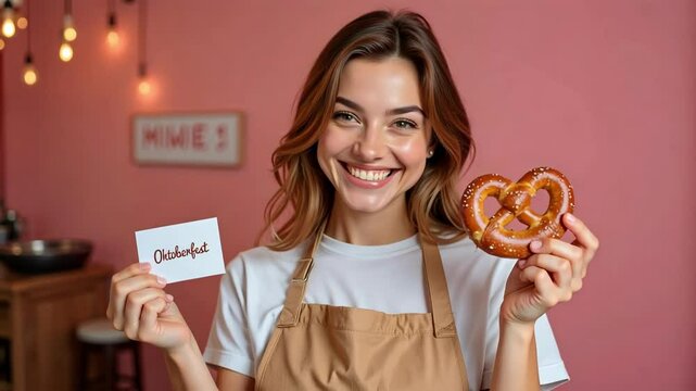 A smiling Caucasian woman in an apron holds a pretzel and Oktoberfest note, set against a pink background in a vibrant street food scene.