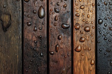 Stained Wet Wooden Deck Boards with Water Drops Texture