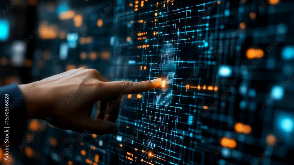 Poster hand interacting with futuristic digital interface representing technology and innovation