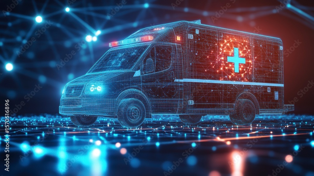 Poster futuristic digital ambulance with glowing lines and nodes.