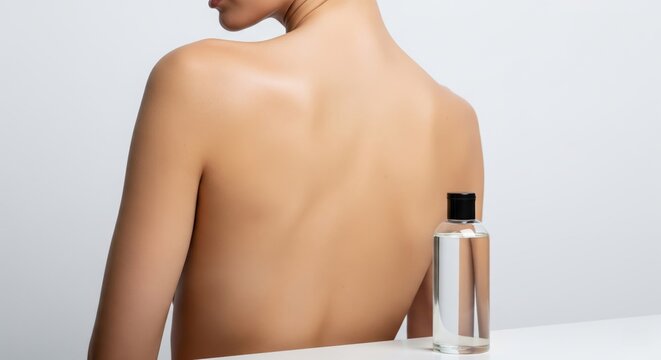 Smooth bare back of person with clear cosmetic bottle on table
