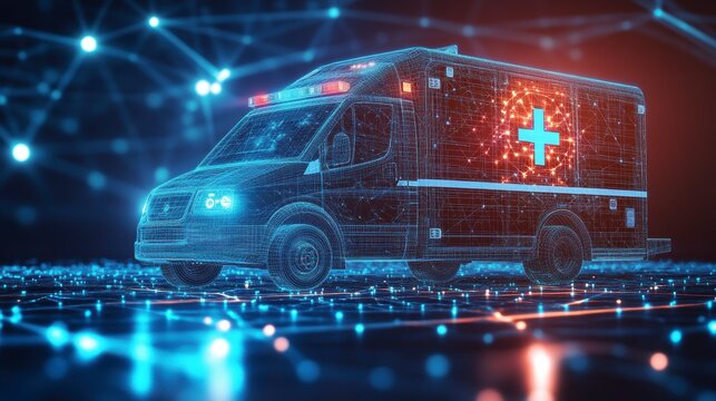 Futuristic digital ambulance with glowing lines and nodes.