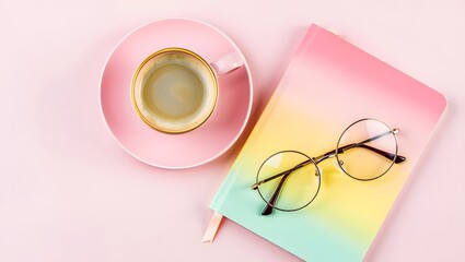 a cup of coffee, notebook and glasses are on the pastel background.