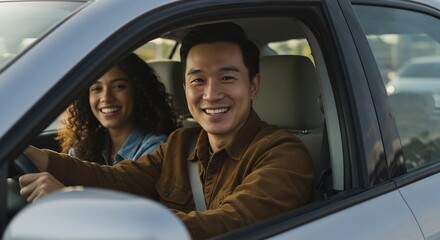 Happy young multiracial couple smiling in their car, enjoying a road trip together