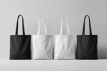 Four blank tote bags in black and white