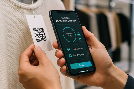 Digital Product Passport scanned via smartphone in modern retail store, close-up of hand reading product QR code for transparency, traceability, digital product passport, DPP, product QR code, 
