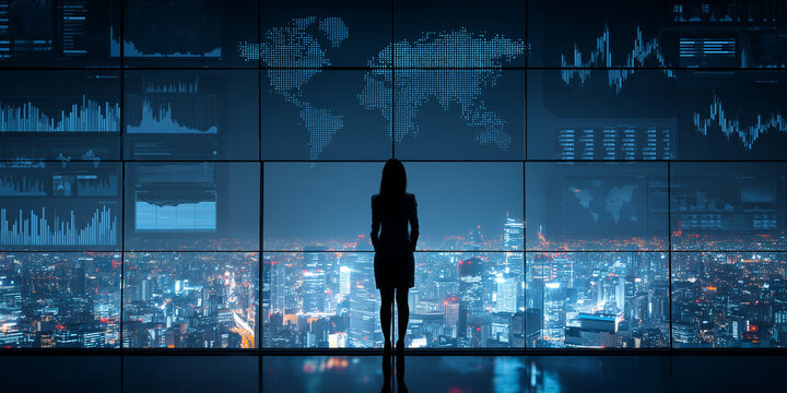 Female Executive Facing Data Panels in Dark Office