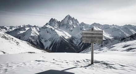 Snow Capped Mountain Range with Wooden Sign in Winter Landscape Under Blue Sky